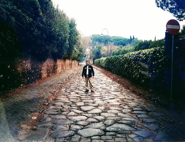 Ancient basalt cobblestones of Via Appia Antica near the catacombs