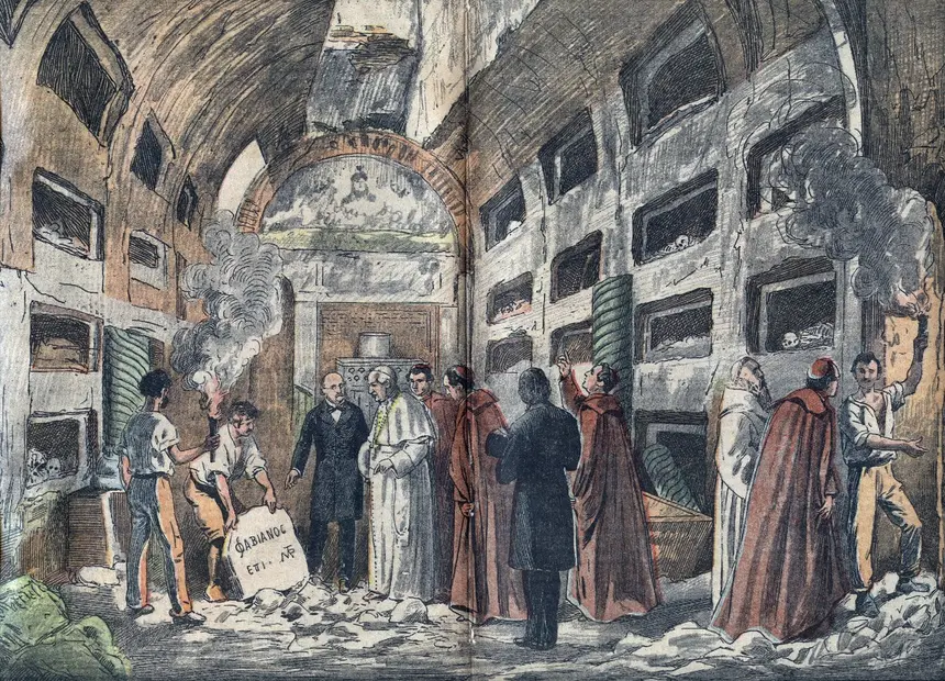 Nineteenth-century painting of Giovanni Battista de Rossi showing Pope Pius IX the rediscovered Crypt of the Popes