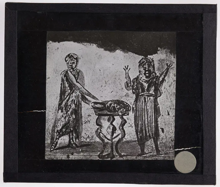 Fresco of the eucharistic banquet in the Catacombs of San Callisto, figures seated around a table with bread and fish