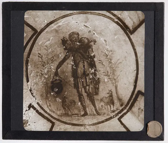 Affresco del Buon Pastore dal soffitto delle Catacombe di San Callisto