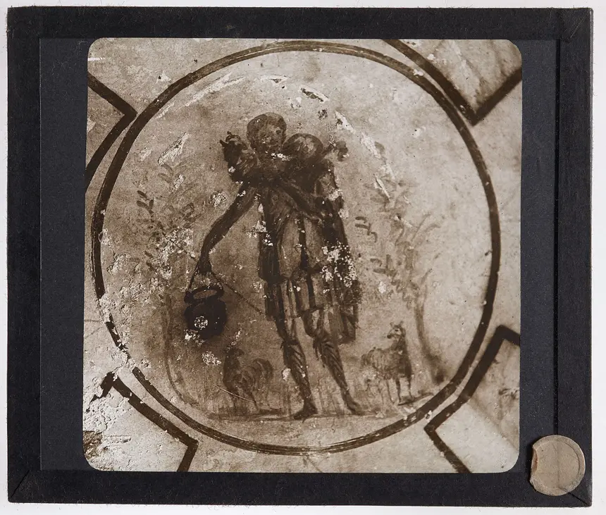 Affresco del Buon Pastore nelle Catacombe di San Callisto, Cristo con una pecora sulle spalle