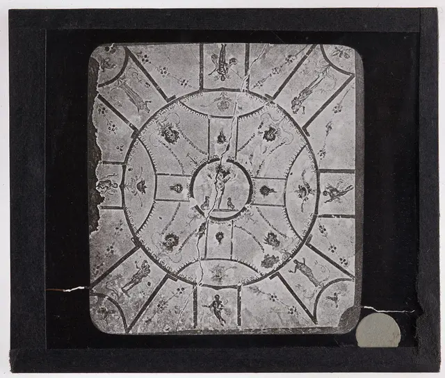 Painted ceiling of the Crypts of Lucina in the Catacombs of San Callisto with geometric panels and figures